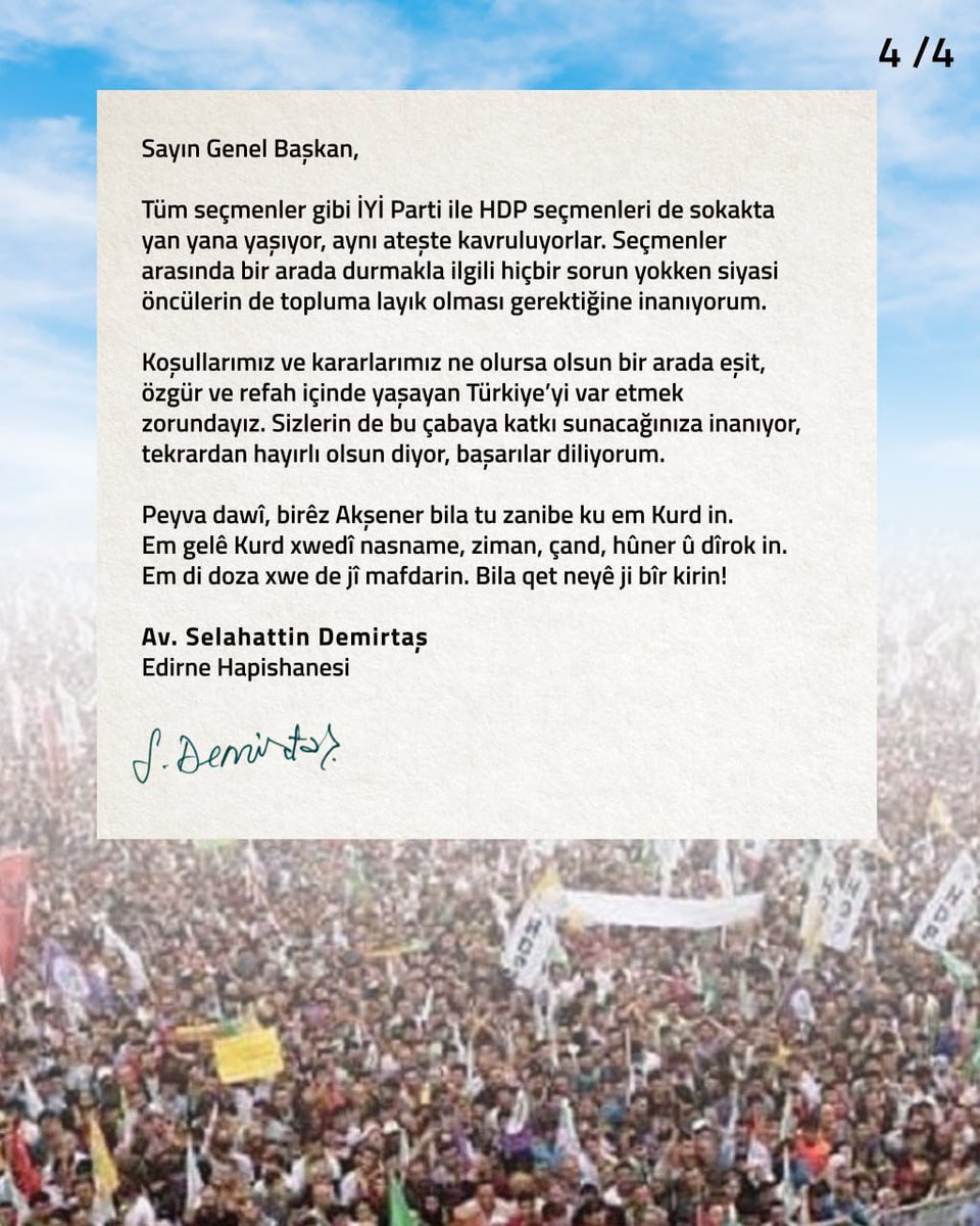 Cezaevinde tutuklu bulunan Selahattin Demirtaş, İYİ Parti lideri Meral Akşener'e olan açık mektubunu paylaştı.

#sondakika #sondakikahaberler #martı #haberprime #turkey #deprem #yks2023 #yks #ösym #SelahattinDemirtaş #mektup #aksener #iyiparti #hdp