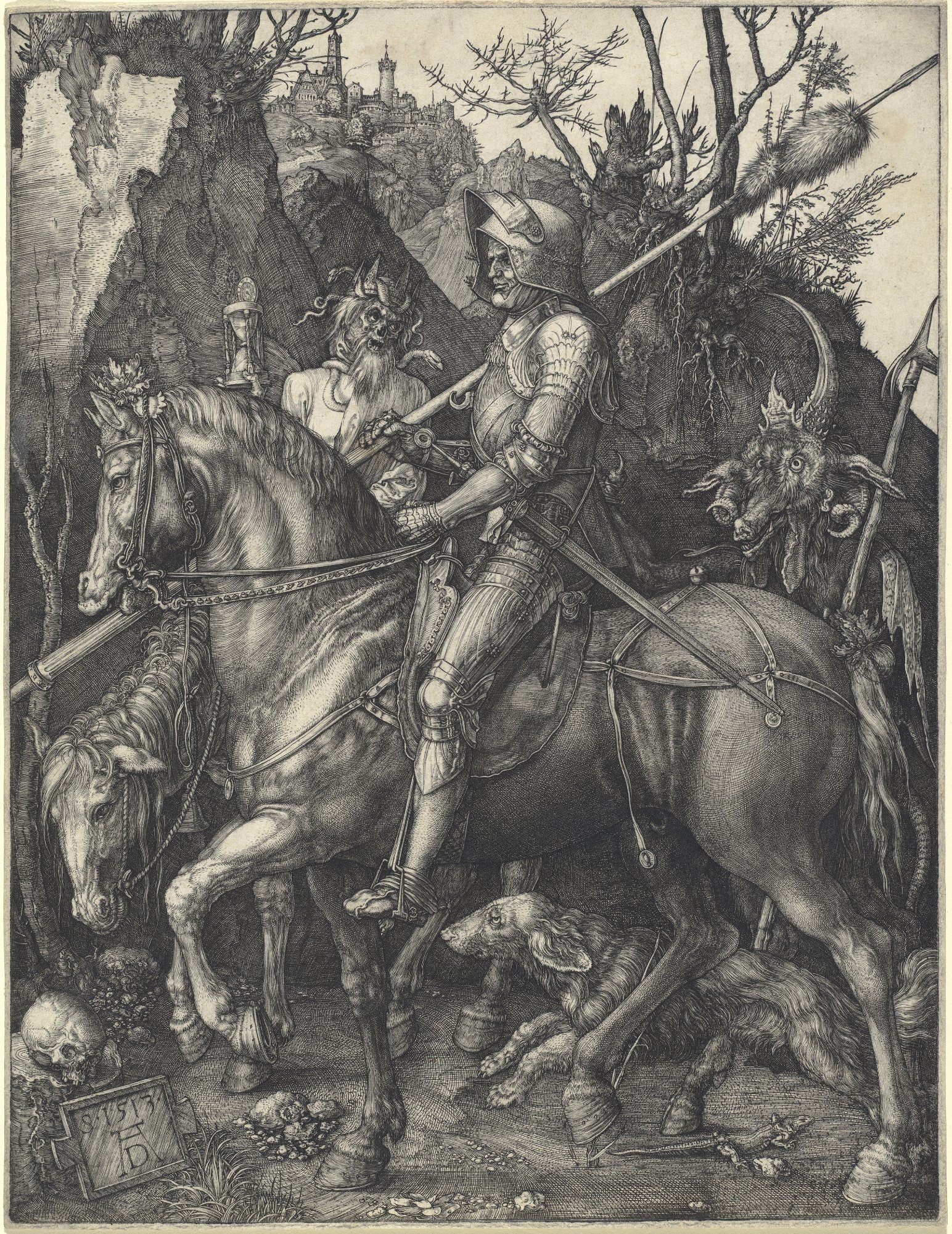 This engraving is called Knight, Death and the Devil.

It was made over 500 years ago by Albrecht Dü