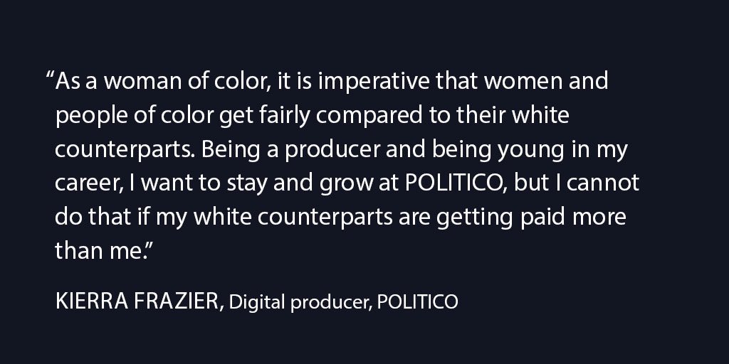 Our wage proposal would help close pay gaps at @politico, where POC, women and nonbinary staff make less than their white male counterparts. Management, meanwhile, has failed to conduct the pay equity study they promised and admits to having no system to safeguard against bias.