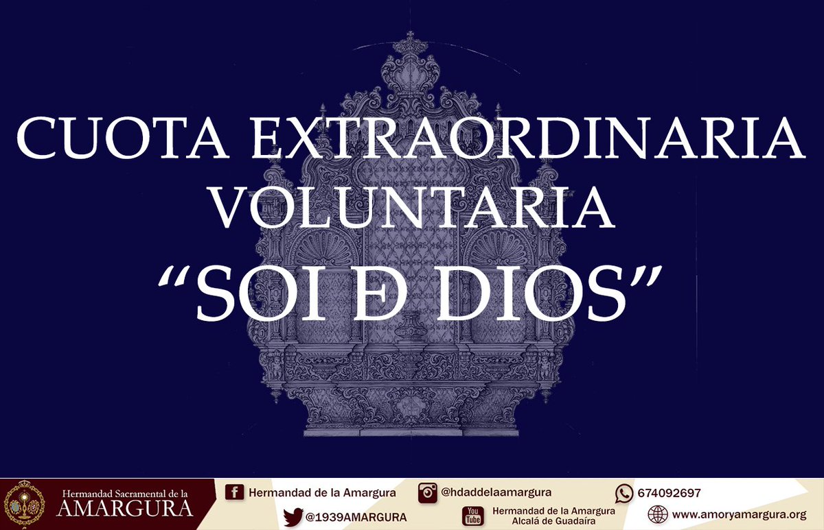 🔸 RETABLO SOI DE DIOS |
📌 Nuestra Hermandad llama a todos los hermanos y allegados a colaborar con la cuota voluntaria.
➡️Para ello adjuntamos un enlace web donde podrás rellenar todo el formulario: amoryamargura.org/cuota-extraord…
🤗 Esperamos tu aportación

#TDSCofrade #AmorYAmargura