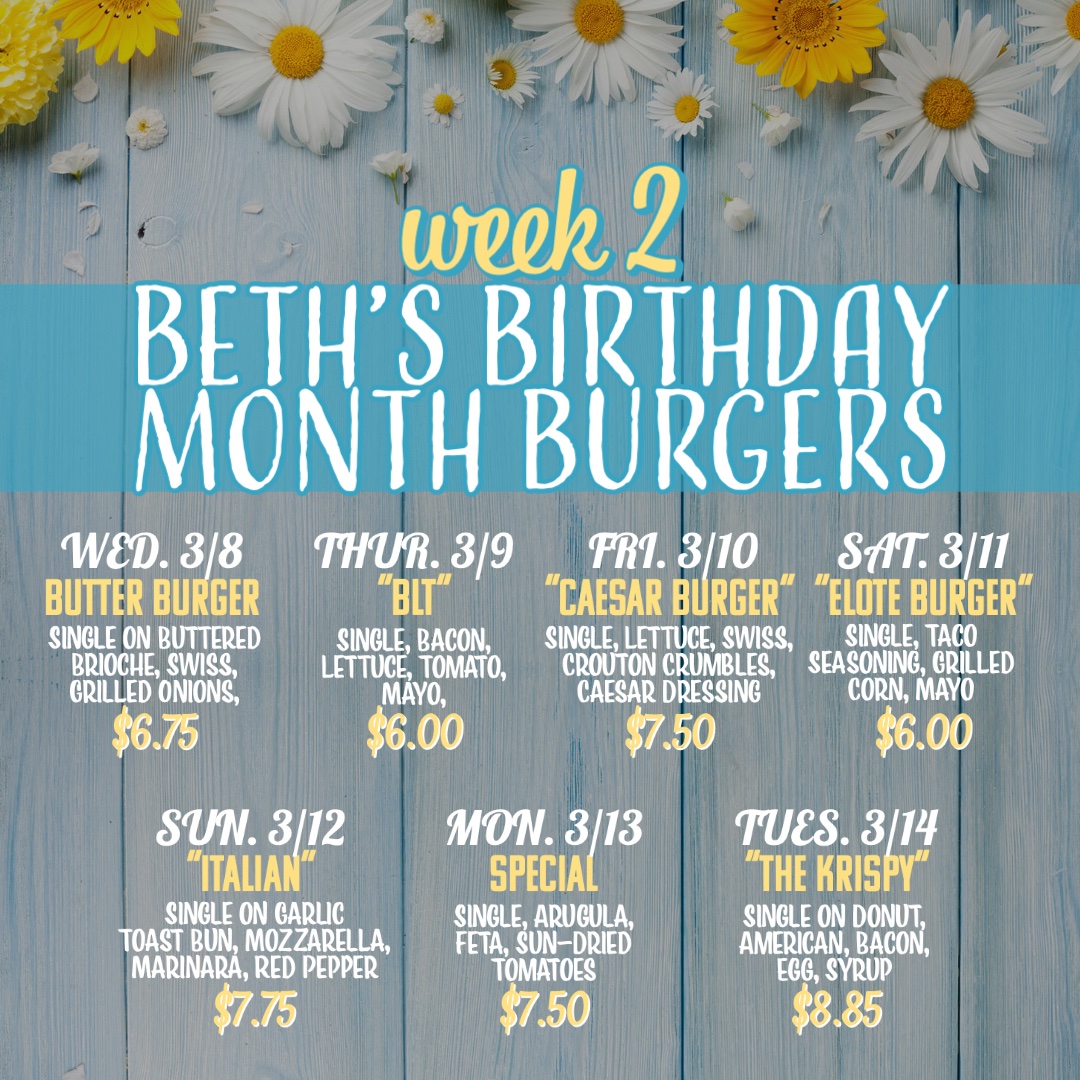 The second week of Beth’s Birthday Month at <a href="/bethsburgerbar/">Beth's Burger Bar</a> is going strong!!
🌸What are you having today?
🍔Different specials EVERY DAY!!!
🍔ALL locations participating!! #bethsburgerbar #onegirlbeatsfiveguys #birthdaymonth #birthdaygirl #orlando #orlandofl #centralfl #lakemary