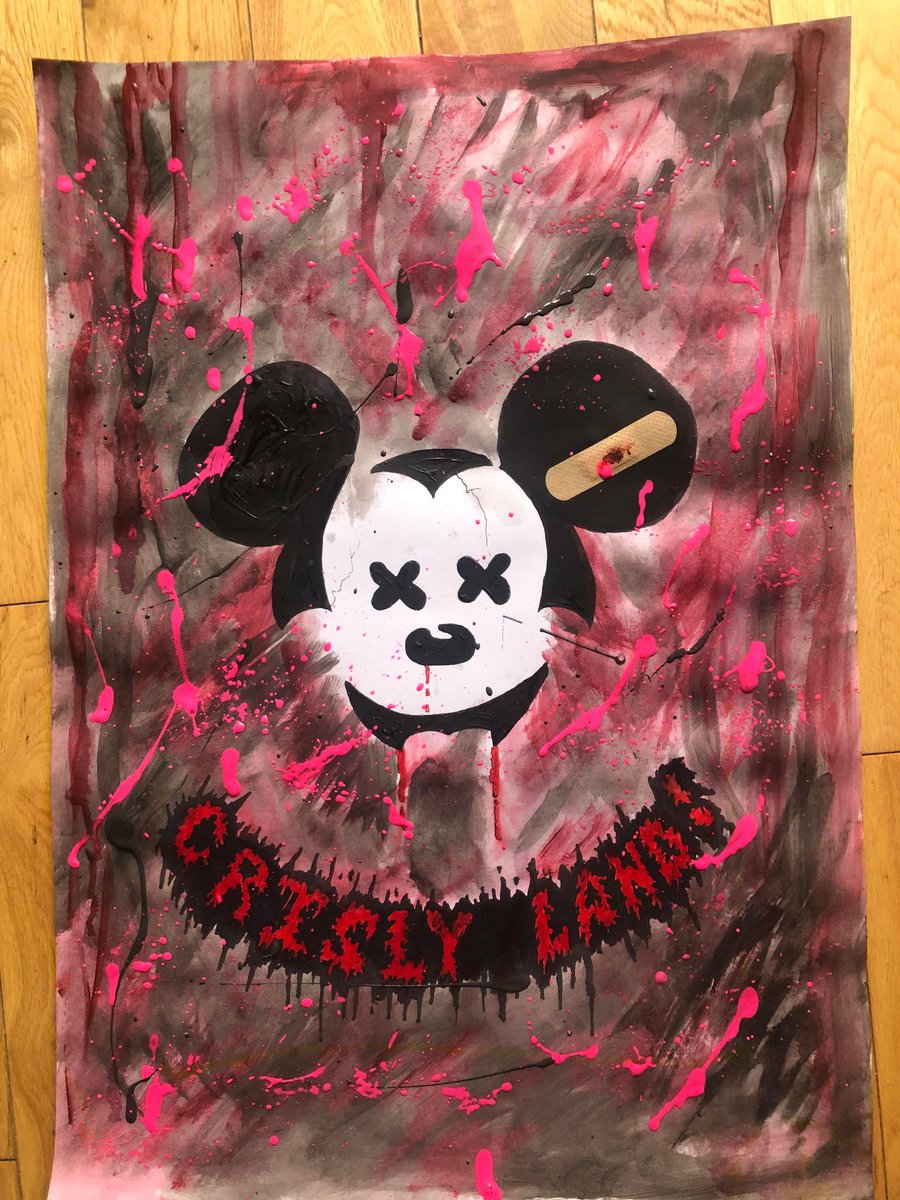 JanetHalmshaw's tweet photo. Grisly-Land painting by Paul Halmshaw.@grimart #grimart #horror #grim #scary #mickeymouse #zombie #voodoo #dccomics #marvel #nft #horrormovie #goth #gothart #gothic #cartoon #cartoonart #disneyland #gtaffitiart #banksy #anime #art https://t.co/k5waulCrFp