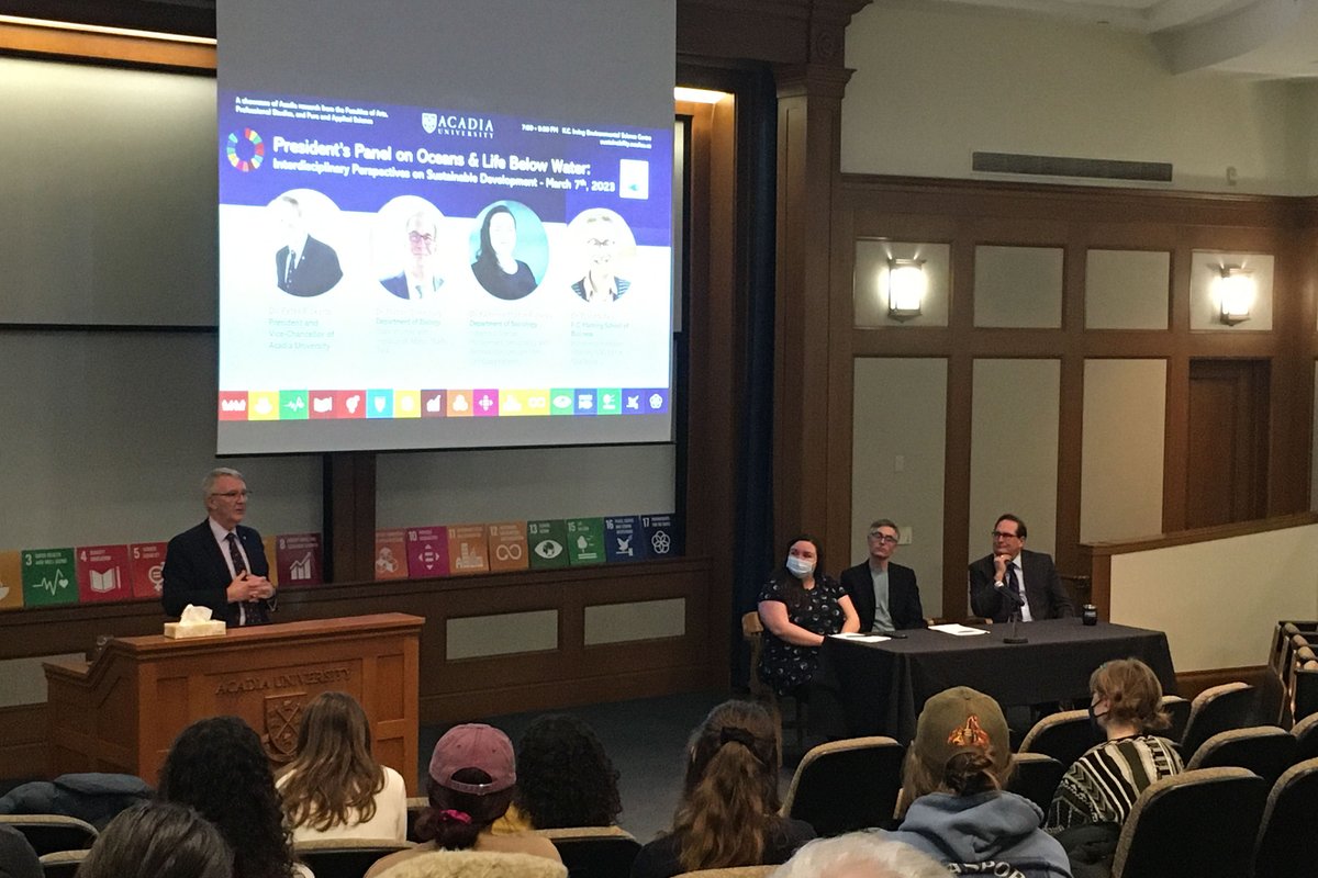 We explored the oceans @Acadiau last night with a deep dive into tuna migration, indigenous fisheries, and ocean innovation with Dr. Michael Stokesbury, Dr. Katherine Morton Richards, Dr. Ryan MacNeil, and Acadia President, Dr. Peter Ricketts. #sdgweekcanada #SDG14 #sdgaccord