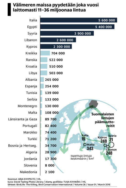 <a href="/KnuuttilaS/">Seppo Knuuttila</a> Italia on Välimeren maista laittoman lintupyynnin ykkönen, mutta kärjessä on myös muita EU:n jäsenmaita, kuten Kypros, Kreikka, Ranska ja Kroatia. Toivon mepeiltä vaikuttavia toimia tämän rikollisen ja vastenmielisen toiminnan kitkemiseksi.   hs.fi/tiede/art-2000…