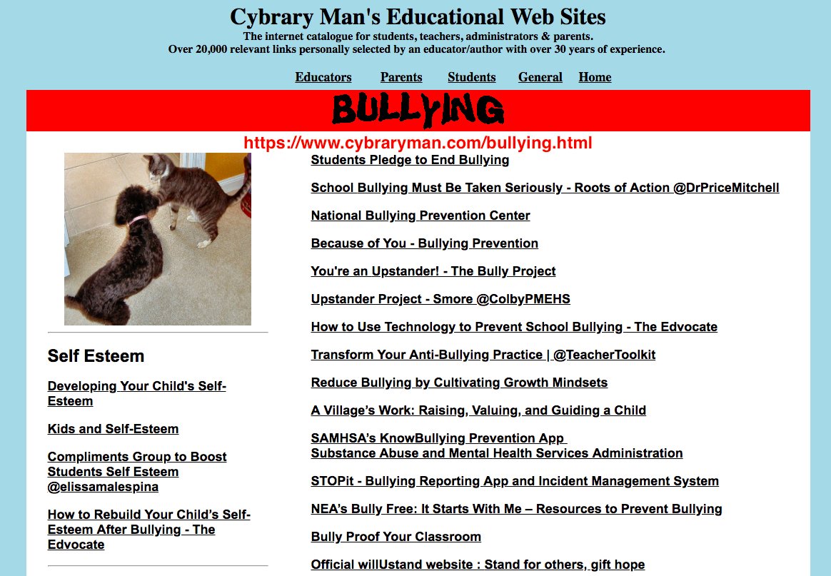 cybraryman1's tweet image. We (Students, Parents, Educators &amp;amp; Community) must all work together to prevent bullying. Bullies and Bullying @HoagiesGifted 
hoagiesgifted.org/bullies.Stop Bullying stopbullying.gov  Bullying cybraryman.com/bullying.html  Cyber Bullying cybraryman.com/cybersafety.ht…  #edchat #gtchat
