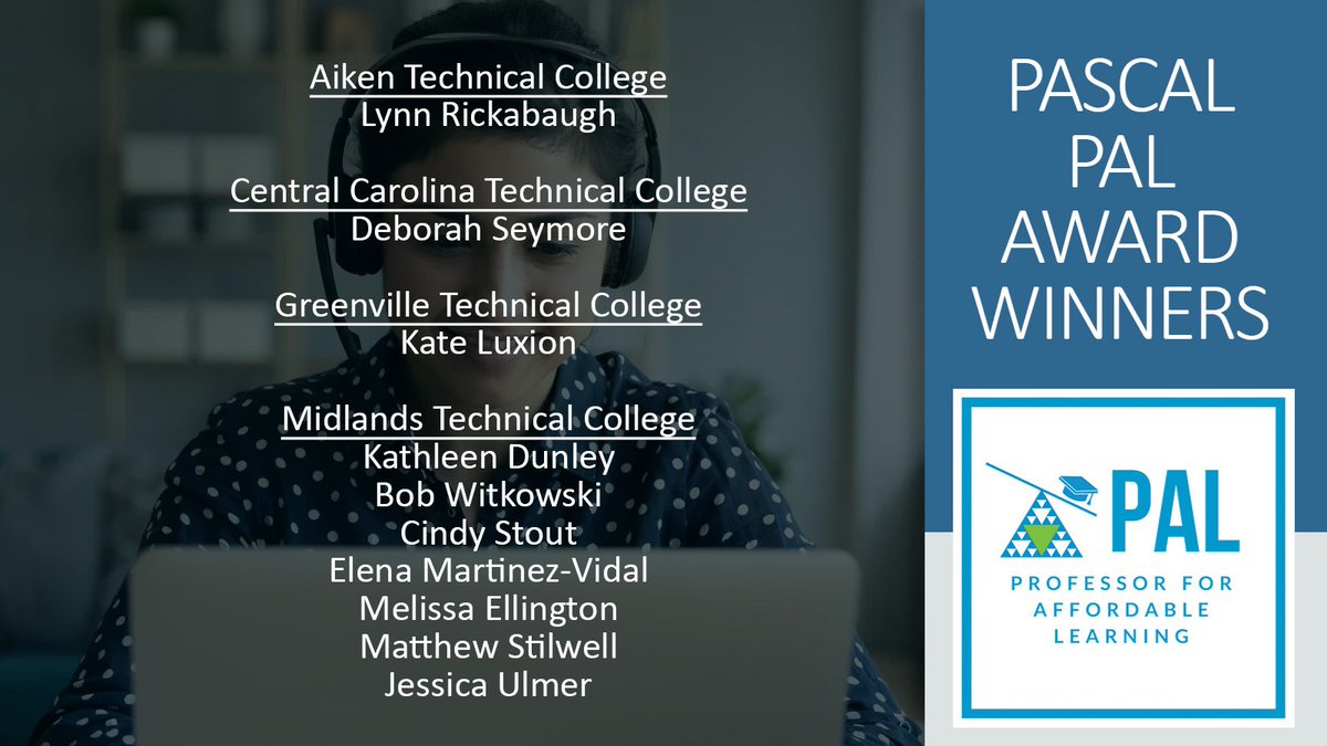 SCTechSystem's tweet image. Winning a PAL award identifies a professor as an ally for affordable learning at their home institution. Congratulations to our technical college PAL awardees!