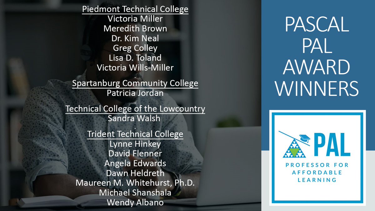 SCTechSystem's tweet image. Winning a PAL award identifies a professor as an ally for affordable learning at their home institution. Congratulations to our technical college PAL awardees!
