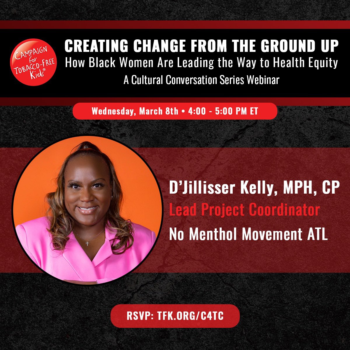 HeartAtlanta's tweet photo. Twitter:
#DYK tobacco use claims 45,000 Black lives each year? 
 
I’m looking forward to joining @TobaccoFreeKids and these incredible panelists to discuss how the tobacco industry targets our communities — and the policy solutions to advance health equity. https://t.co/dEYcFTdbhn