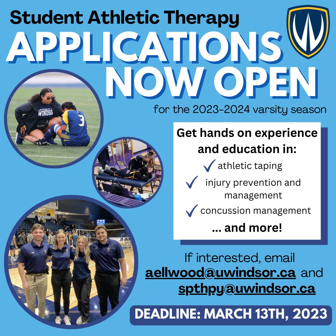 CHPHUWindsorKIN (@chphuwindsorkin) on Twitter photo Student Athletic Therapy applications are now open! For more information, please send an email of interest to Adam Ellwood (aellwood@uwindsor.ca) and Dave Stoute (spthpy@uwindsor.ca). The deadline to apply is March 13, 2023. Student Athletic Therapy applications are now open! For more information, please send an email of interest to Adam Ellwood (aellwood@uwindsor.ca) and Dave Stoute (spthpy@uwindsor.ca). The deadline to apply is March 13, 2023.