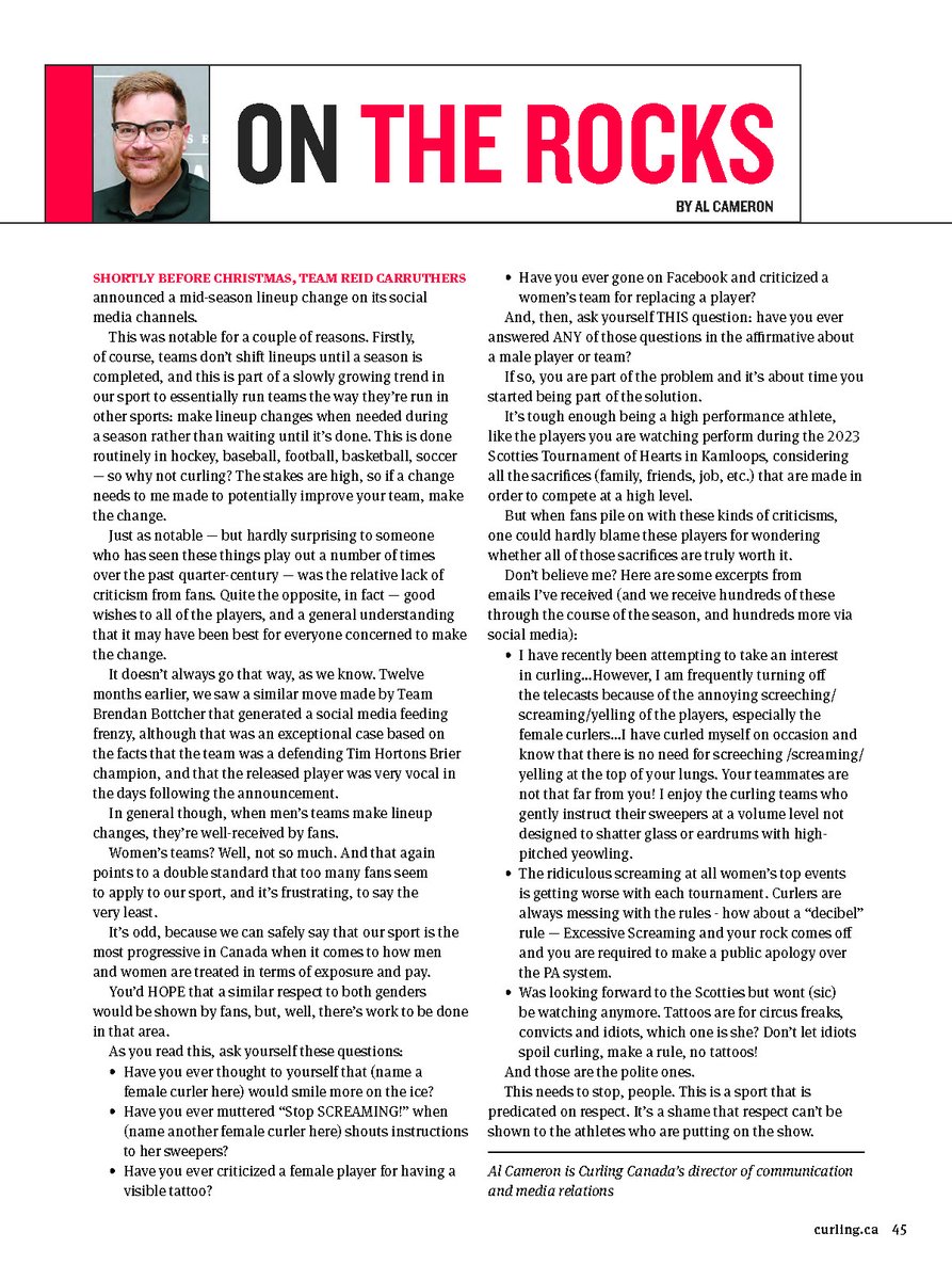 AlCameronCC's tweet image. Six days into the Brier and not a single emailed fan complaint about players screaming too loud. Truly wish I could say the same during the Scotties. But, of course, I can't. It's International Women's Day, and you should read this column about why that crap needs to stop.