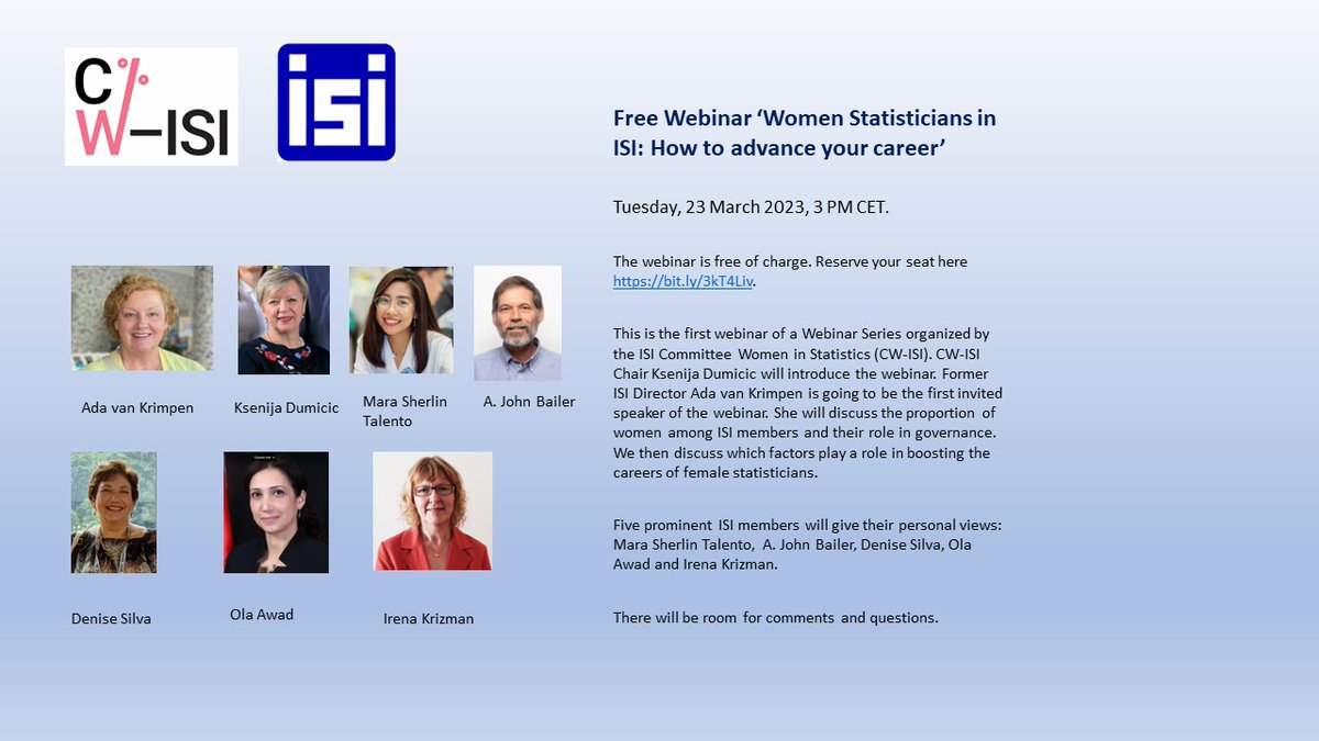 AdaVK's tweet image. Happy International Women&apos;s Day!
You are invited to participate in the free webinar &apos;Women Statisticians in the ISI, How to advance your career?&apos; on March 23, 3 pm CET. 
Organised by the @IntStat  Committee on Women in Statistics.
Register here: bit.ly/3kT4Li