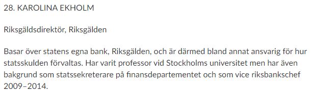 Riksgälden (@riksgalden) on Twitter photo På <a href="/dagensindustri/">Dagens industri</a> lista över 125 kvinnor med "stor makt att utveckla sina bolag och organisationer och därmed hela samhället mot ett jämställt näringsliv" hamnar riksgäldsdirektör <a href="/ekholm_l/">Karolina Ekholm</a> på plats 28. #kvinnodagen #kvinnormedmaktattförändra På <a href="/dagensindustri/">Dagens industri</a> lista över 125 kvinnor med "stor makt att utveckla sina bolag och organisationer och därmed hela samhället mot ett jämställt näringsliv" hamnar riksgäldsdirektör <a href="/ekholm_l/">Karolina Ekholm</a> på plats 28. #kvinnodagen #kvinnormedmaktattförändra