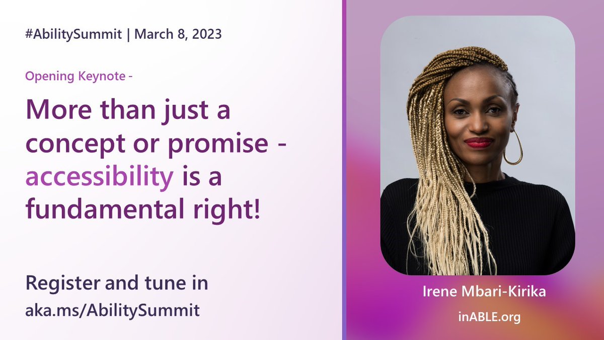 I will be speaking at #AbilitySummit today at 9 pm, EAT about accessibility as a fundamental right. Register for the summit at msft.it/60165YTIm and be a part of the conversation. It's free to attend. <a href="/MSFTEnable/">MSFT Accessibility</a> <a href="/inABLEorg/">inABLE.org</a>
#A11yAfrica2023 #InclusiveAfrica2023