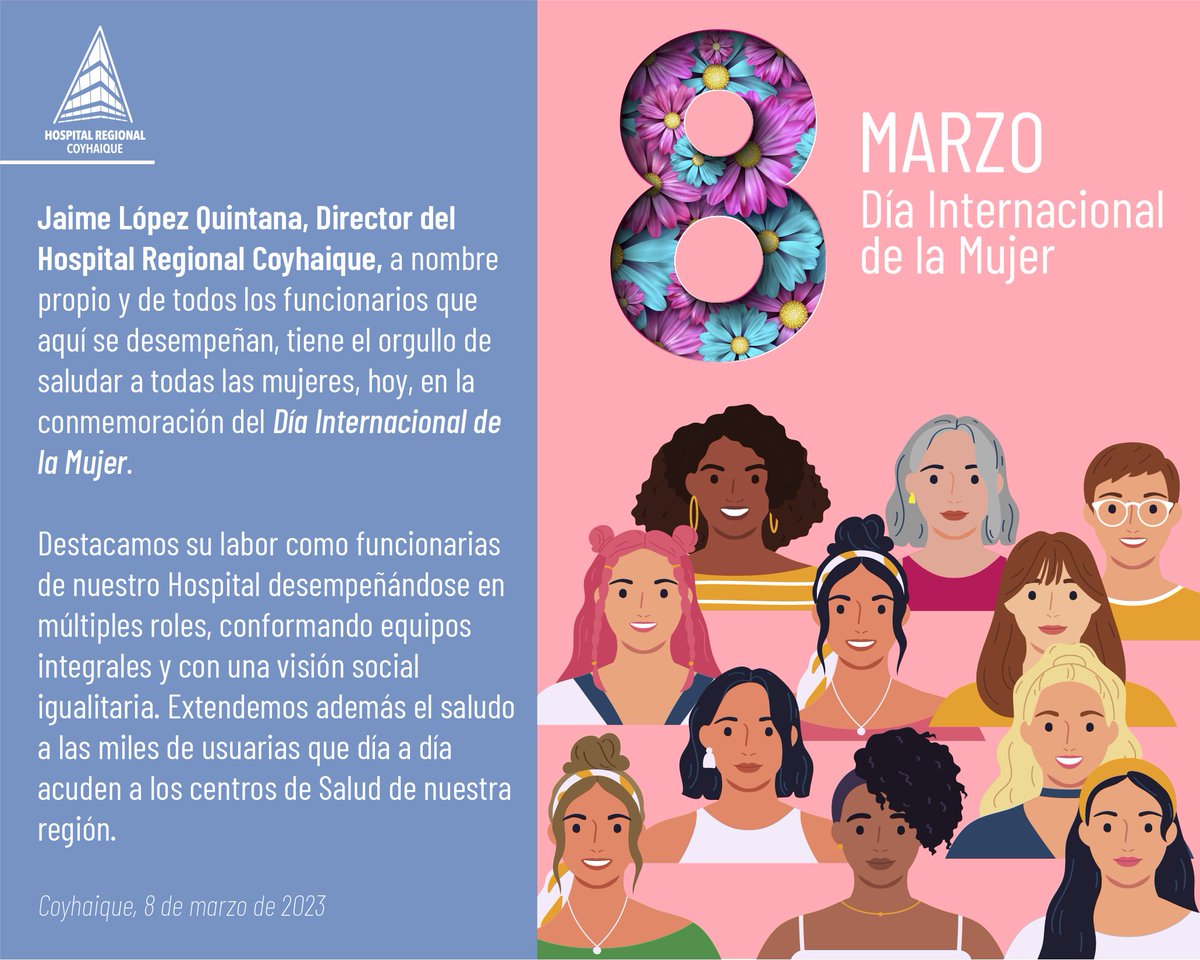 Como la institución que reúne a la mayor fuerza laboral femenina en la región d Aysén, con más de 700 mujeres trabajadoras, este #8M como 
<a href="/HospitalCoyhaiq/">Hospital Regional Coyhaique</a>
 extendemos nuestro saludo a todas nuestras funcionarias, y a las más de 11 mil mujeres de Aysén 💪💪💪
#ChileParaTodas