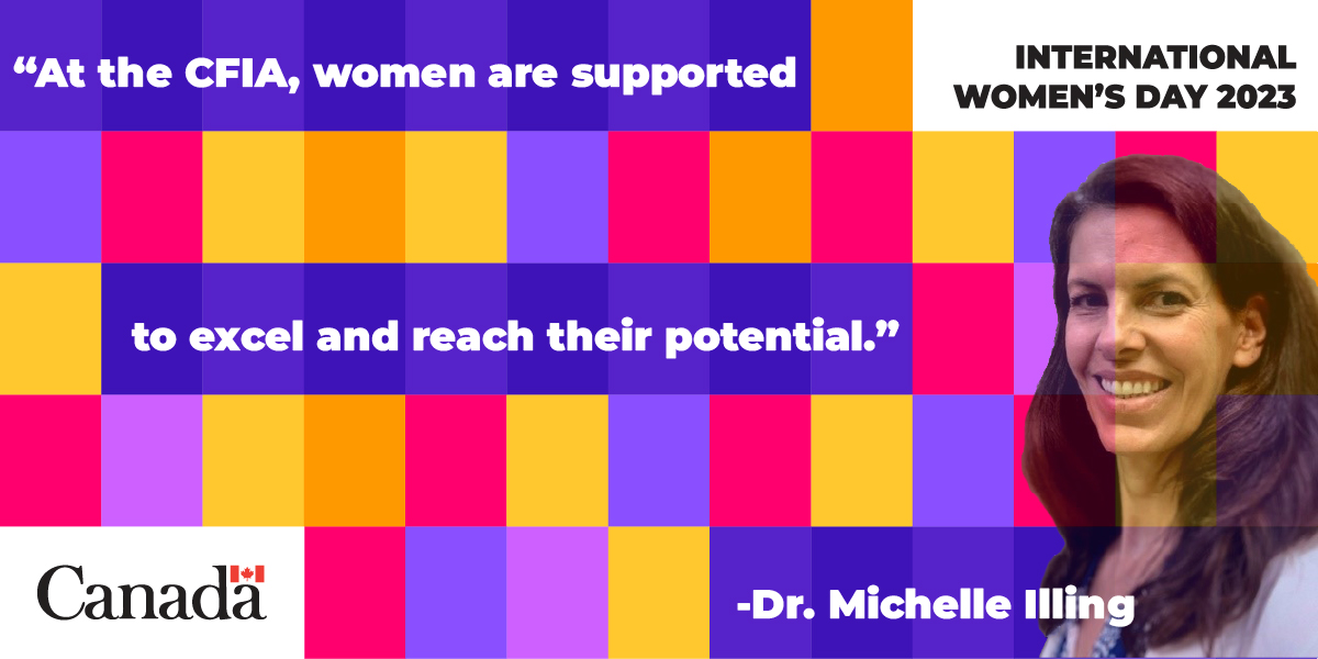 Today, we celebrate all #women at the CFIA, like Dr. Michelle Illing.

She's had a variety of roles in #FoodSafety and #AnimalHealth and is also the Champion of the CFIA Women's Circle. 

Read the stories about women at the CFIA: bit.ly/3BdIzDg

#IWD2023