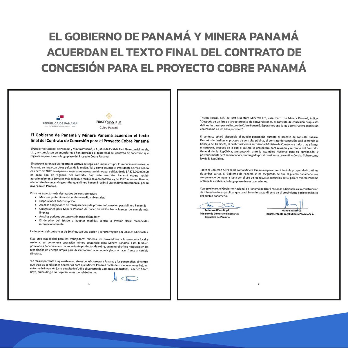 Cobre_Panama's tweet image. El Gobierno de Panamá y Minera Panamá acuerdan el texto final del Contrato de Concesión para el proyecto #CobrePanamá