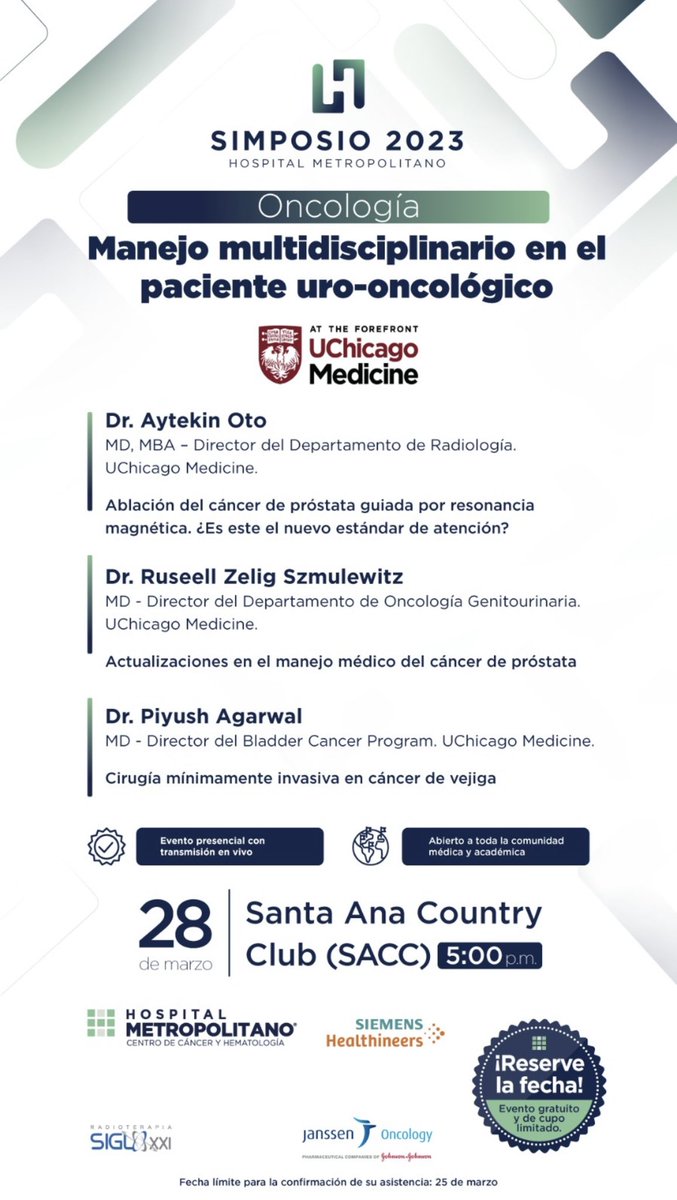 dionisiofn's tweet photo. Invitados al 1 Simposio de Oncología Hospital Metropolitano. Manejo multidisciplinario en el paciente uro oncológico. 28 de marzo 5 pm. Santa Ana Country Club https://t.co/TP2vTGZKaW