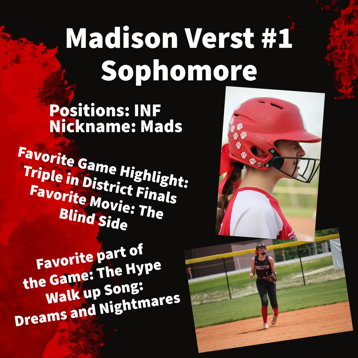 We are 5 days away from our first game, so sophomore Madison Verst is next. She brings a wealth of experience and hard work to our infield. She brings another great glove to our infield as well. Welcome back, #1, and we can’t wait to see what you accomplish this year!