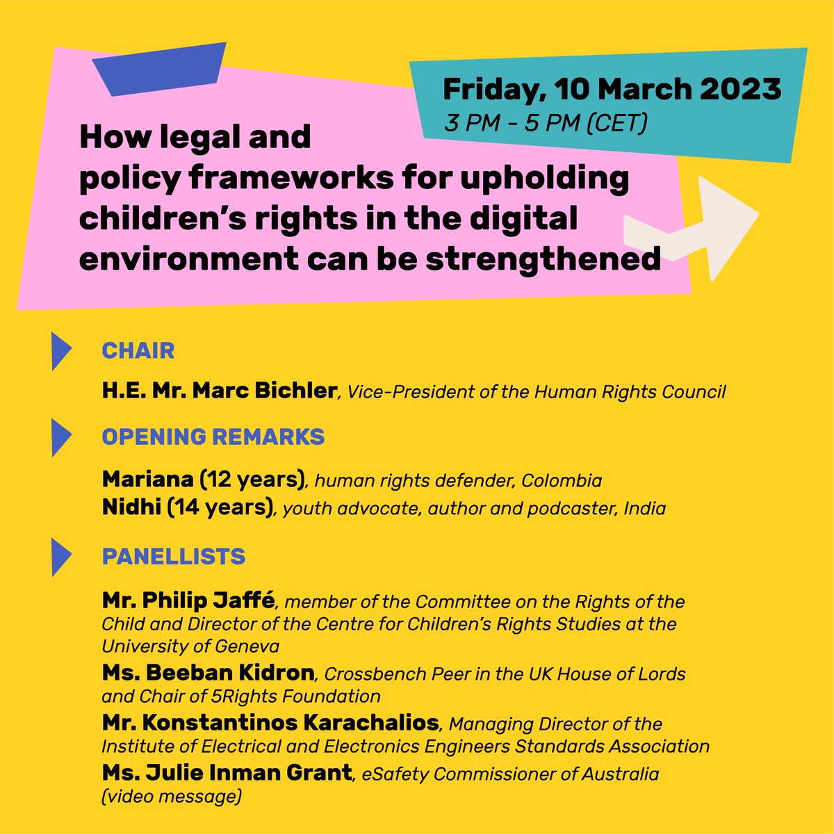 🇺🇳JOIN US <a href="/UN_HRC/">UN Human Rights Council</a> #HRC52 Annual Day on #ChildRights &amp; #DigitalEnvironment
🗓️ 10 March
📍Room XX <a href="/UNGeneva/">United Nations Geneva</a> or media.un.org/en/webtv
🔵5Rights Chair and founder Baroness Kidron will discuss the next steps for building the digital world young people deserve #ADRC2023