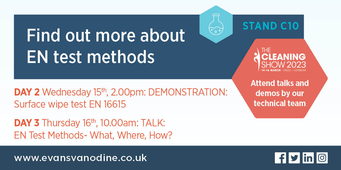 evansvanodine's tweet image. If you want to know about #ENTestMethods, then come to stand C10 at #TheCleaningShow &amp;amp; see our #Microbiology manager. She&apos;ll be giving a demo on Day 2 &amp;amp; a talk on Day 3, &amp;amp; around all week to #ShareHerExpertise
#EN16615 #DisinfectantTestMethods #SurfaceDisinfection #ExcelLondon