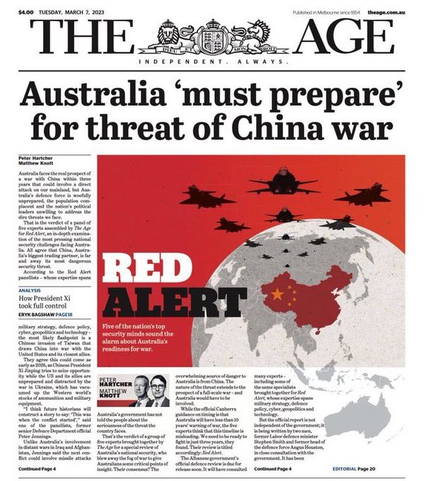 “Australia ‘must prepare’ for threat of #China war.”

Lo que se está preparando, nos lo pueden decir más alto, pero imposible más claro.

Todavía dudamos de que España debe mantenerse al margen de esta nueva guerra mundial?

Necesitamos con urgencia líderes que de verdad se
