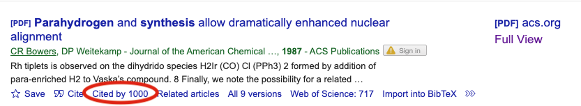 BowersResearch's tweet photo. PASADENA (PHIP) hit a milestone today. According to Google Scholar, the original 1987 JACS paper has been cited 1000 times!  Thanks to all who continue to cite the paper. https://t.co/EAX2PVcNVH
@UFChemistry @nmr900 https://t.co/aarrnuLEQg
