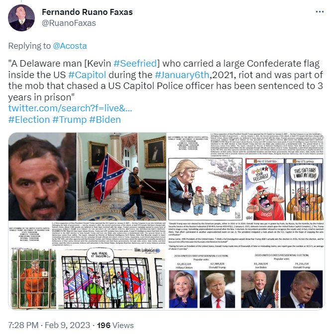 RuanoFaxas's tweet photo. @MacFarlaneNews "Kevin #Seefried,the Jan 6 defendant who paraded Confederate flag thru #Capitol & was convicted at trial,asks court to delay the beginning of his prison term. He wants to wait to report to prison until May.. so that he can attend his grandson's birthday party"
#TERRORISM #TRUMP https://t.co/LlaWYW0Ior