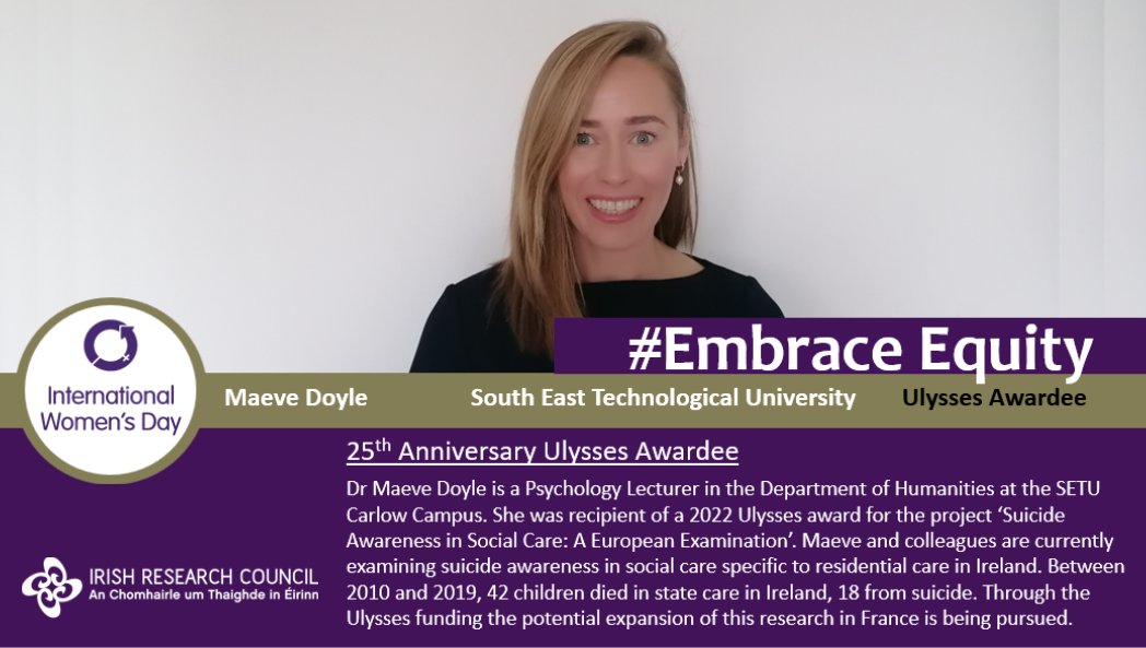 IrishResearch's tweet photo. Happy International Women's Day! #EmbraceEquity 
Today we'll be showcasing some exciting researchers and their work in the Irish research ecosystem and beyond!

Fifth up, Maeve Doyle.
@doyle_maeve
@SETUHumanities
@SETU_Research

#InternationalWomensDay 
#LoveIrishResearch https://t.co/VlQqKWSFFY