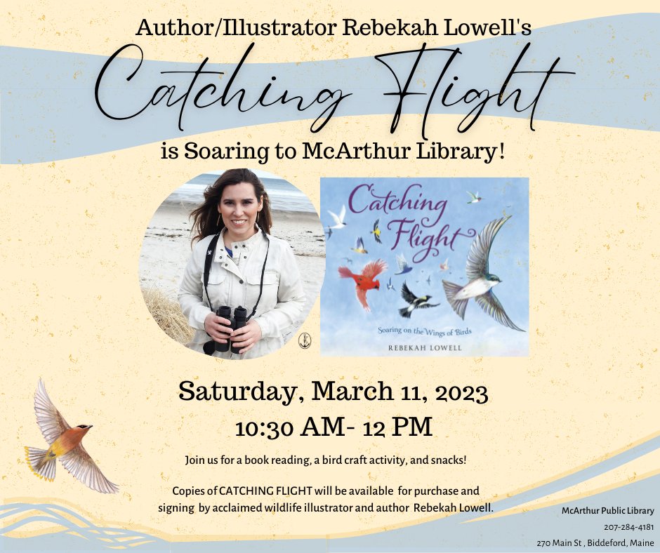 This Saturday! Acclaimed author/illustrator Rebekah Lowell launches her debut picture book “Catching Flight” with a reading and crafts in the Community Room at 10:30AM! Copies of “Catching Flight” will be available for purchase.