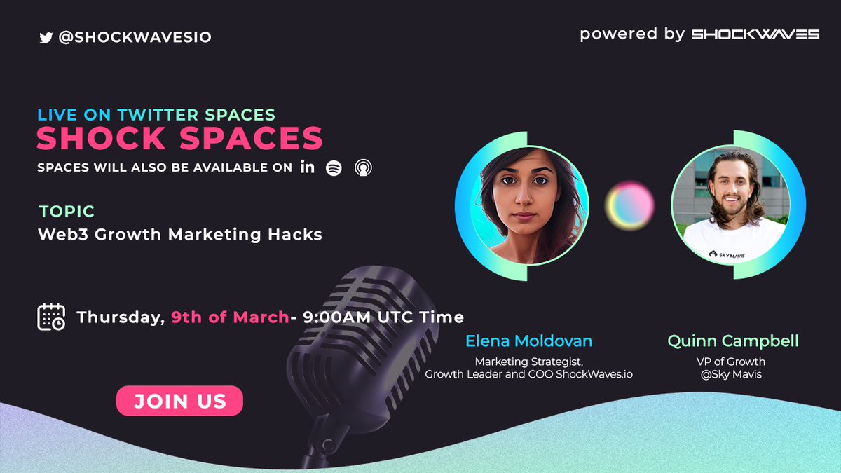 Episode 4 of ShockSpaces is coming up tomorrow!
We have a super knowledgeable guest, @Smooch_Axie , VP of Growth <a href="/SkyMavisHQ/">Sky Mavis</a>, and we'll be discussing about web3 growth marketing hacks. You don't want to miss this!!

Set a reminder here: x.com/i/spaces/1MYxN…