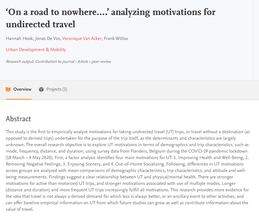 Liser_UDM's tweet photo. 📖#OpenAccess article published in Transportation Research Part A: Policy and Practice #TravelBehavior

✍️"On a road to nowhere….’ analyzing motivations for undirected travel" co-authored by H. Hook (@hook_tweets), @DV_Jonas, @Veronique_VA &amp;  F. Witlox

🔗https://t.co/938fzpKuu0 https://t.co/t7Q8pS4yFS