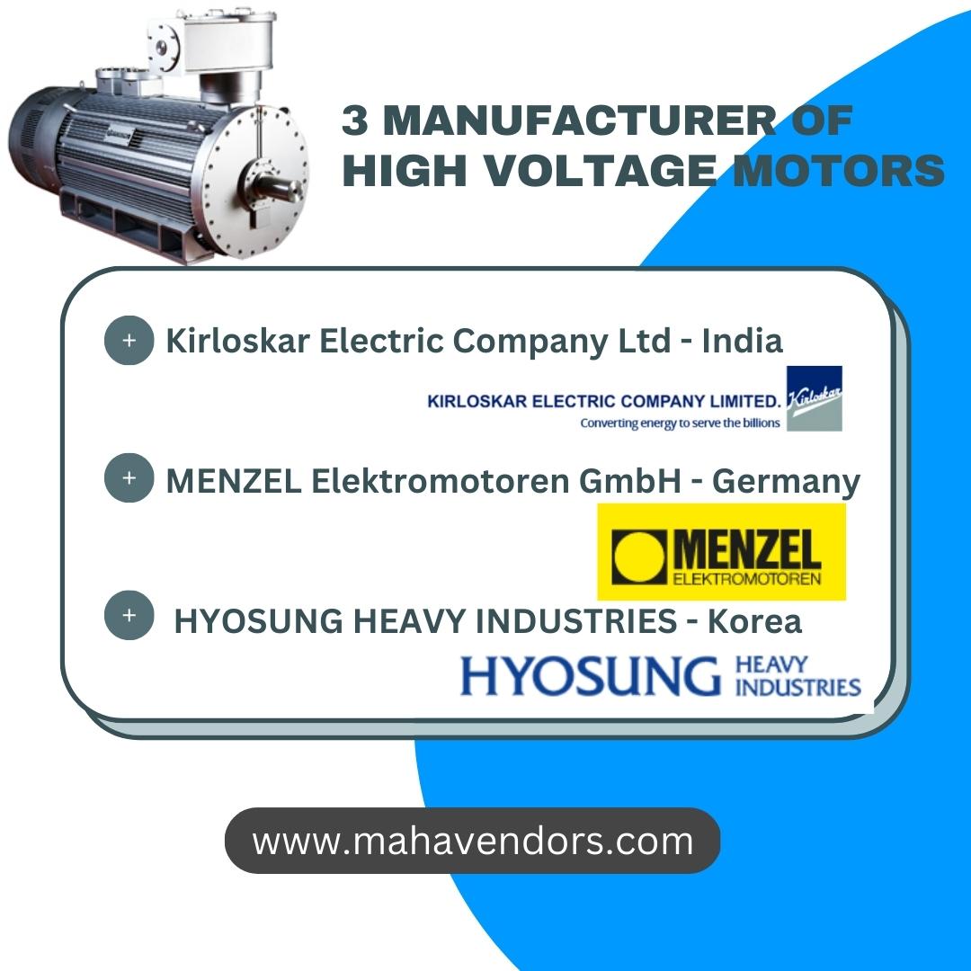 Mahavendors's tweet photo. 3 Manufacturer of high voltage motors

Kirloskar Electric Company Ltd - India
MENZEL Elektromotoren GmbH - Germany
HYOSUNG HEAVY INDUSTRIES - Korea

https://t.co/XsoiN9bN0P
#electricalmotor #highvoltagemotor #motor https://t.co/5VK7NIUXwe
