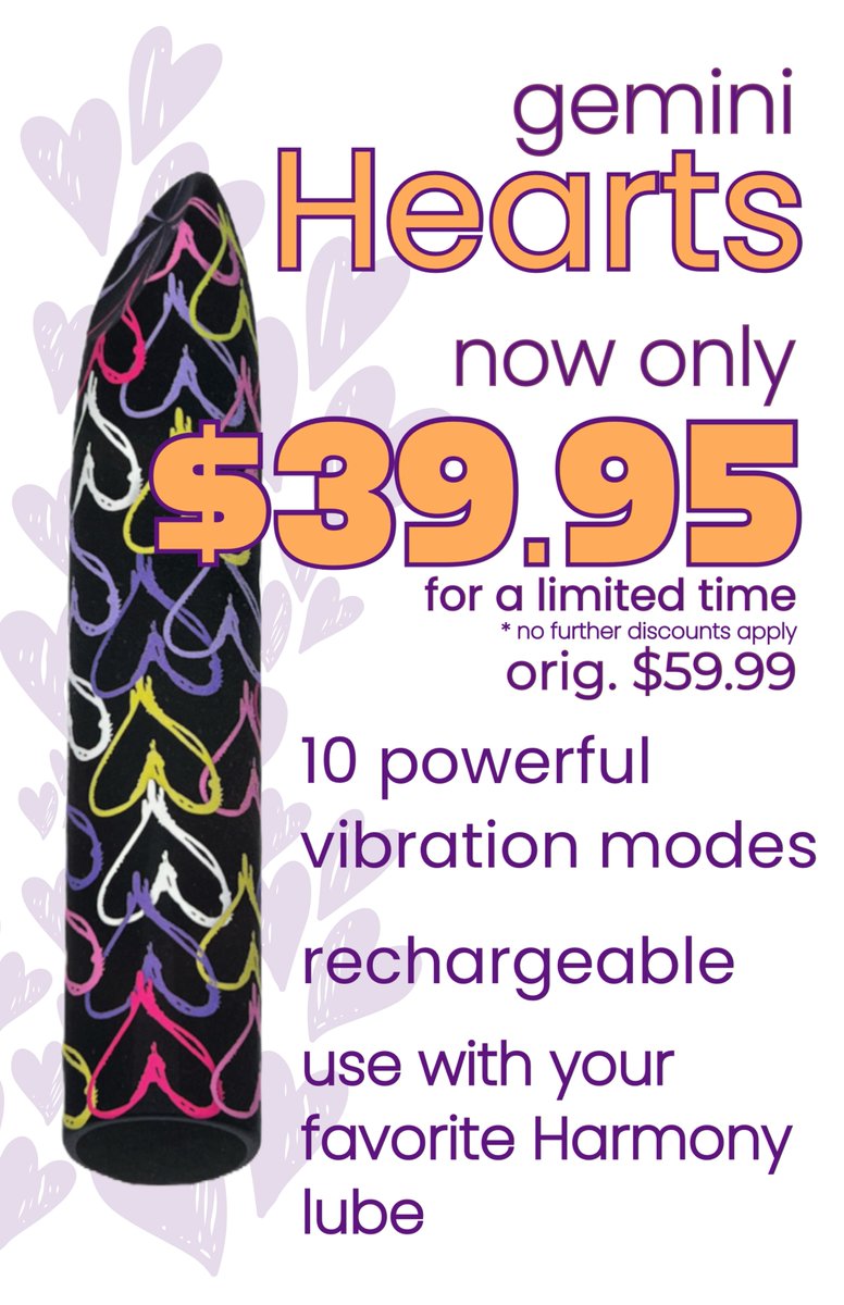 With 10 powerful vibration modes and an elevated street art design, Gemini Hearts is sure to deliver mind blowing satisfaction, especially at only $39.95!! (No further discounts apply) Available at your favorite @adultmartstores and adultmart.com #adultmart #explorotica