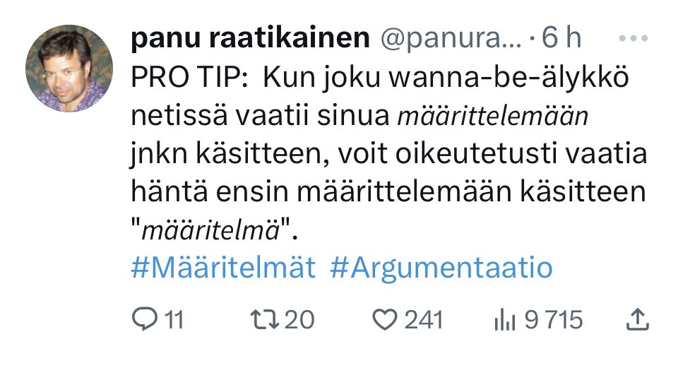 miliisimusic's tweet photo. PRO TIP: Kun et halua pelata analyyttistä totuuspeliä, vaan silkkaa poliittista valtapeliä, voit valita sofistisen saivartelun tien. #sofismi #keskustelukulttuuri #politiikka https://t.co/lTMA264cZ8