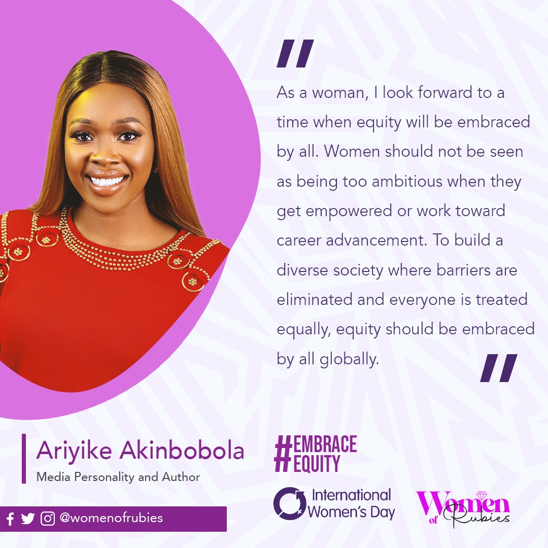 Women of Rubies (@womenofrubies) on Twitter photo As a Woman, I look forward to a time when Equity will be embraced by all. Women should not be seen as being too ambitious when they get empowered or work towards career advancement."
Ariyike Akinbobola - <a href="/LadyAriyike/">Ariyike Akinbobola</a>
Media Personality and Author
#IWD2023 #InternationalWomenDay As a Woman, I look forward to a time when Equity will be embraced by all. Women should not be seen as being too ambitious when they get empowered or work towards career advancement."
Ariyike Akinbobola - <a href="/LadyAriyike/">Ariyike Akinbobola</a>
Media Personality and Author
#IWD2023 #InternationalWomenDay