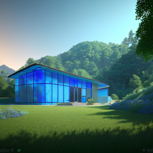 bshh89's tweet photo. @ZTXofficial Modern home made of blue glass covered by lush green landscape, mysterious, octane render, cinematic, rule of thirds, 8k. Honestly this looks way too clean https://t.co/hu7i8Omzvg