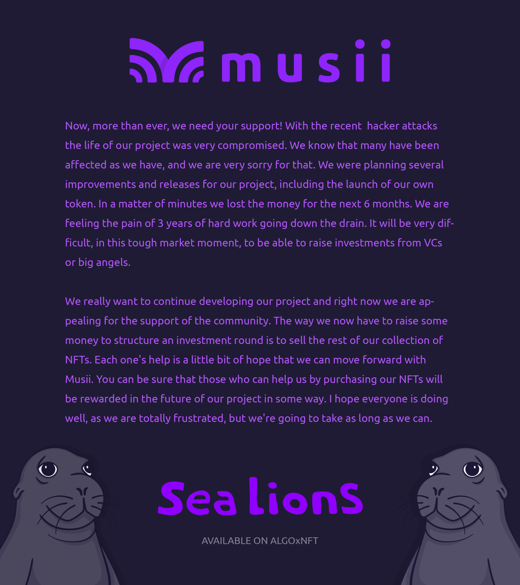 musiiapp's tweet photo. 1/ LETTER FOR #ALGOFAM 💔

We humbly ask for those who can, to contribute buying our collection, so we can continue to develop the project.🙏 

https://t.co/eNHvTaRlDk https://t.co/xQDsMriXaK