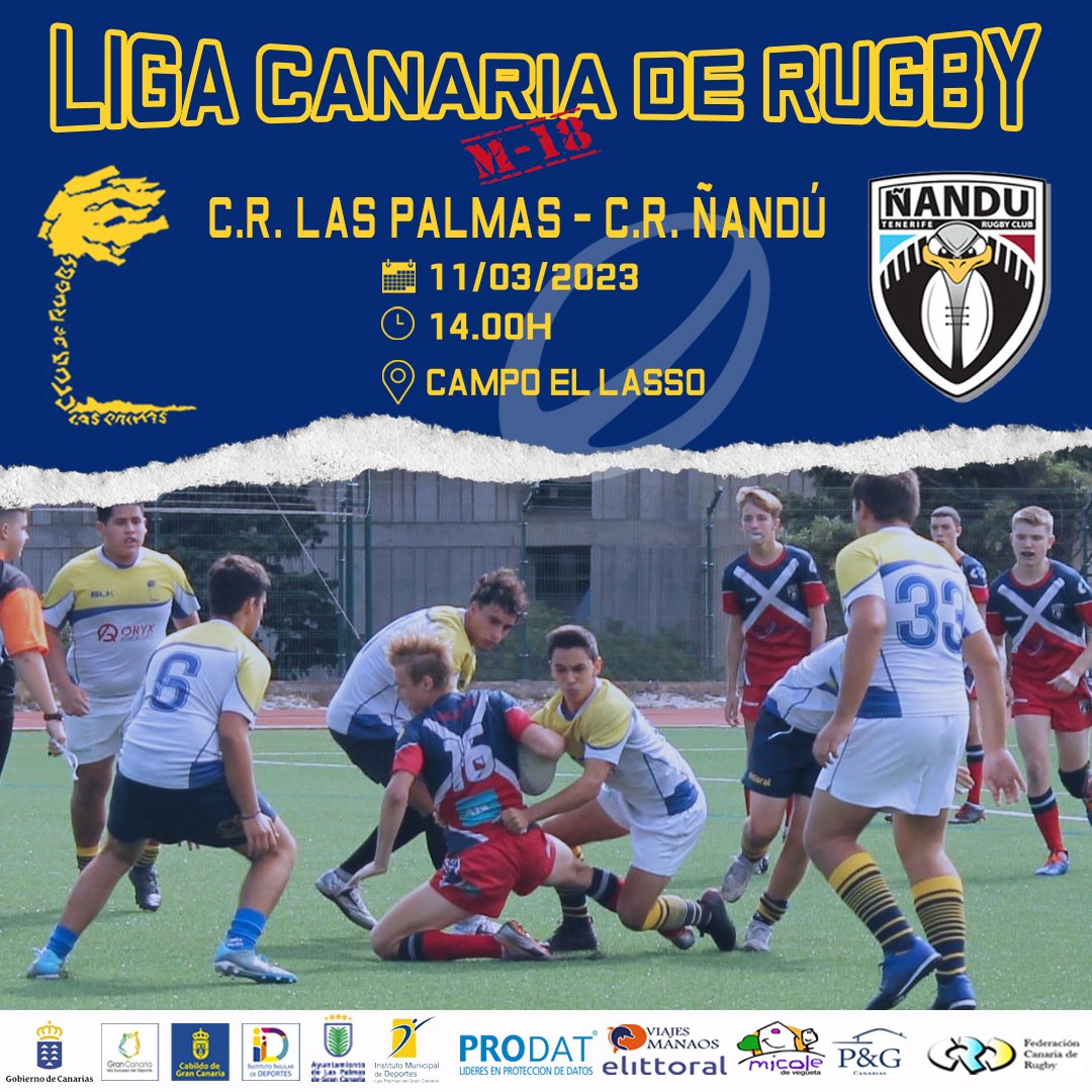 CRLPLasPalmas's tweet image. Tercera jornada de la Liga Canaria de Rugby M18 entre el #Sub18CRLP y el @nandurugbytenerife
🗓️Sábado 11 de marzo
⏰14:00 h
🏟️Campo El Lasso

El #SeniorCRLP jugará ante el #CRULL en liga.

Patrocinan Elittoral, Viajes Manaos, MiCole de Vegueta, P&amp;amp;G y Prodat.

#seguimosempujando
