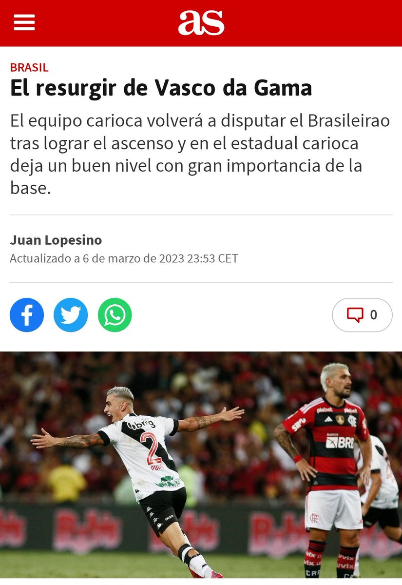 O jornal 'AS', um dos maiores de Espanha e do mundo, tratou a vitória do Vasco sobre o Flamengo como ‘O ressurgir do Vasco da Gama’.

Você adora ver isso! 💢🔥