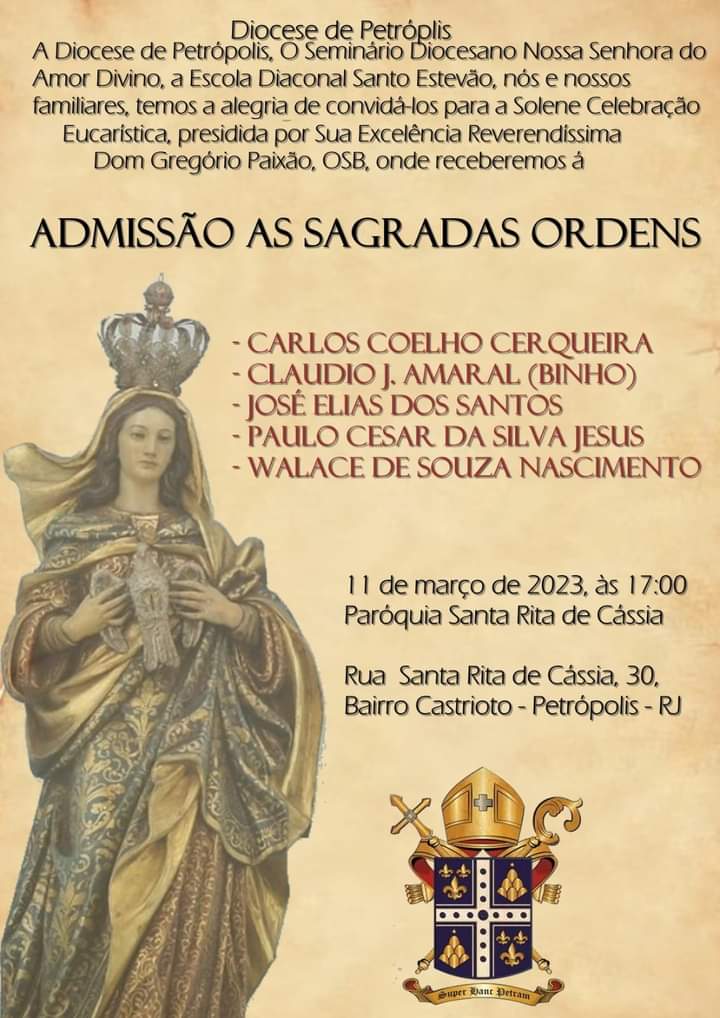 Futuros diáconos permanentes, recebem primeiras ordens, sábado, na Paróquia Santa Rita de Cássia em Petrópolis
#diocesedepetropolis #seminariodiocesanodepetropolis
#cnbb
#vaticannewspt
#pascombrasil
#igrejacatolica