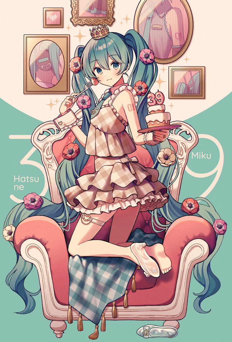 hatsune miku 1girl flower long hair twintails solo holding very long hair  illustration images