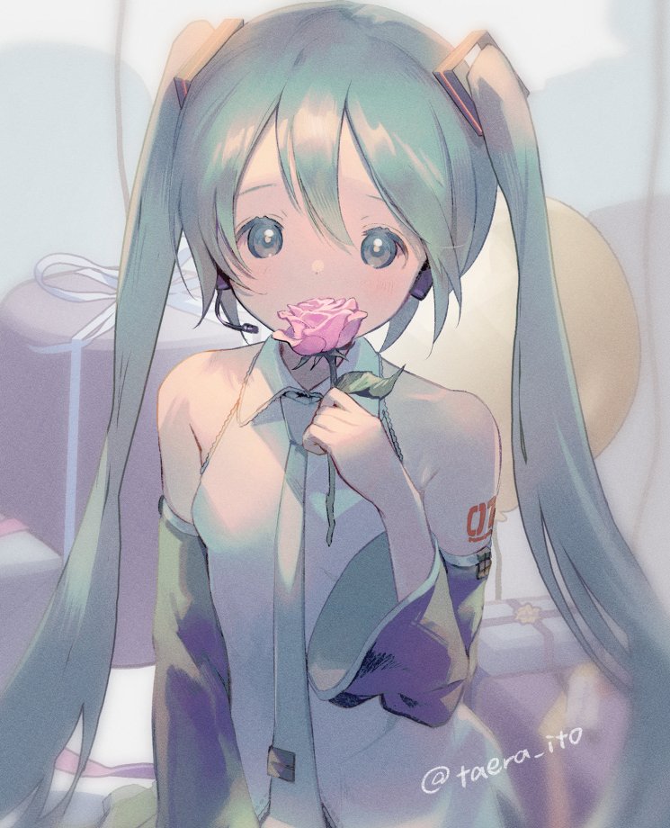 hatsune miku 1girl flower holding flower detached sleeves twintails solo long hair  illustration images