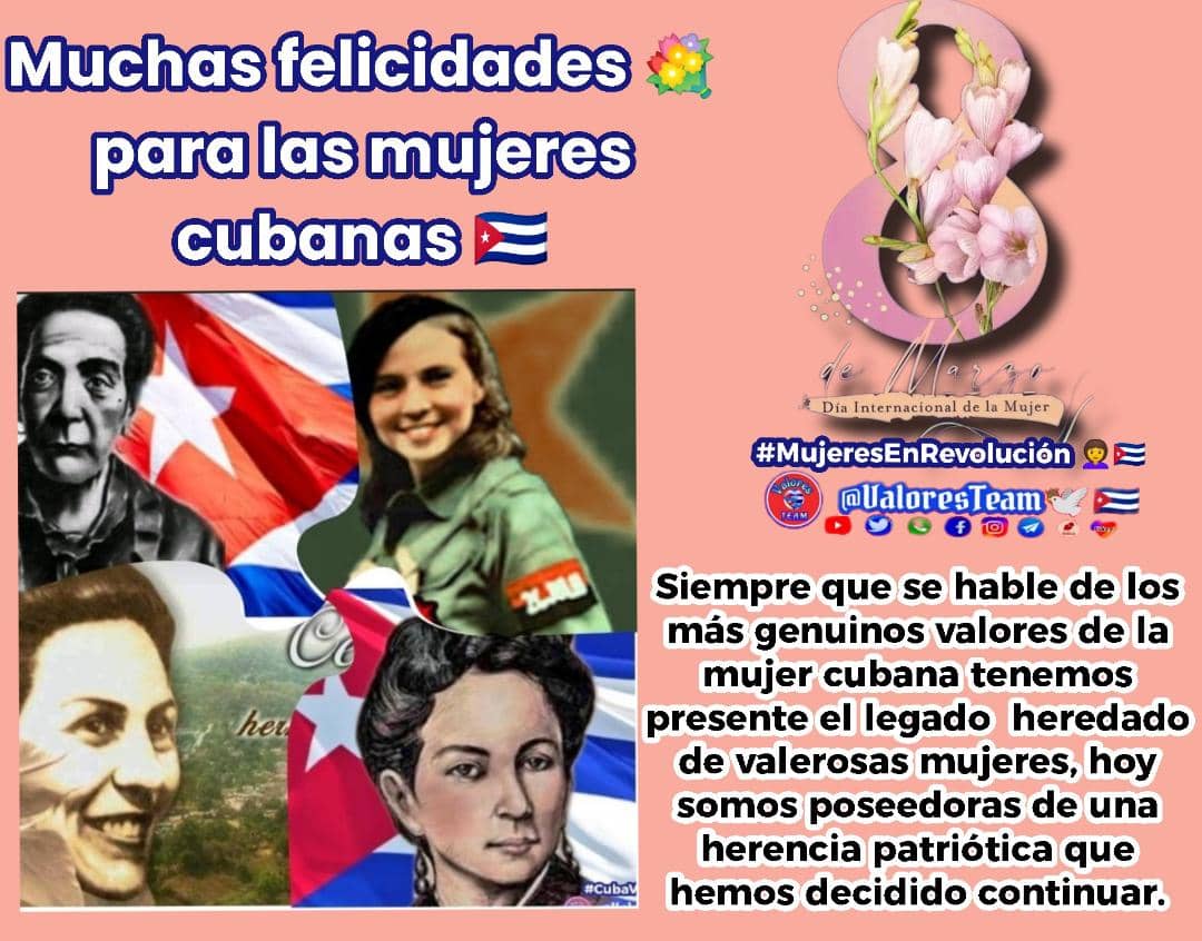 @EliaEsequiel @LaVerdSinMiedos @FMC_Cuba @EdPrietoOscar1 @LiceaLicea67 @PatriciaSof1a @Melissa35304701 @AdrinXCuba1 @addiel_ps @Vicente73977721 @Victor202215 @TeresaBoue Felicidades para tadas las mujeres cubanas.  #MujeresEnRevolución #LaVerdadSinMiedos #ValoresTeam