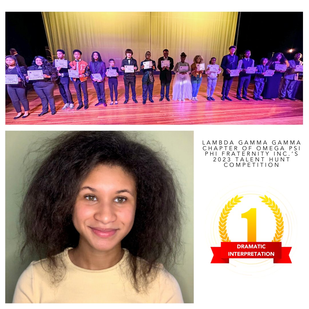 Congratulations to acting junior Aminah Ebron '24 who won first place for 'Dramatic Interpretation' in the Lambda Gamma Gamma Chapter of Omega Psi Phi Fraternity Inc.’s 2023 Talent Hunt Competition!

#InfiniteJourneys #acting #theatre #performingarts #highschool #baltimore