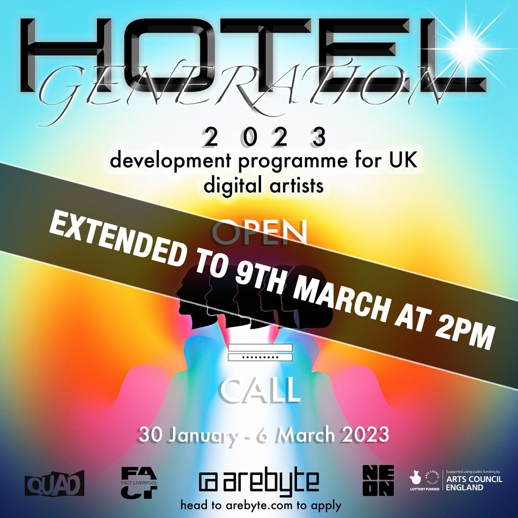 arebyte's tweet photo. 🔥Deadline for our HOTEL GENERATION Open Call is at 2pm TOMORROW - let's get submitting! 🔥
🖥️ For more info and how to apply visit our website
🔗Link in bio
#OpenCall #DigitalArtist #hotelgeneration #uk https://t.co/1PaJRSMq2f