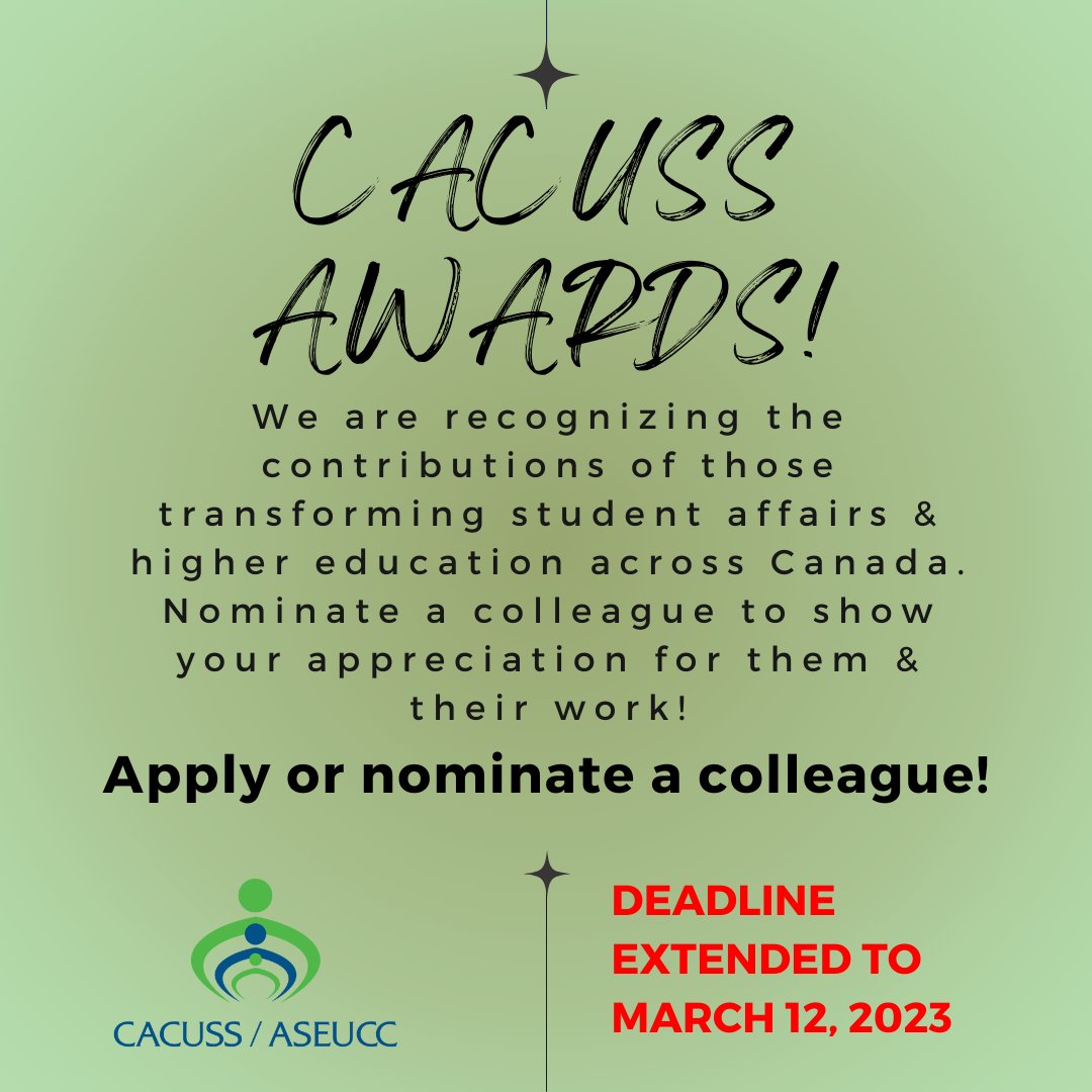 cacusstweets's tweet photo. Deadline extended to March 12, 2023 at 11:59 PST! We're recognizing the significant achievements, best practices in our field, &amp; contributions to CACUSS &amp; Student Affairs. We encourage you to nominate yourself and your colleagues by March 12th! #SACdn #HigherEd #StudentAffairs https://t.co/nl2Hv0RrRb