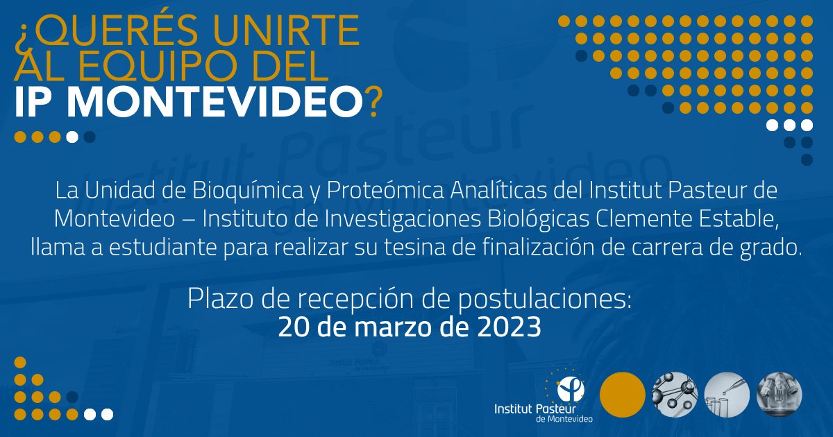 Institut Pasteur Montevideo (@ipmontevideo) on Twitter photo 📢 𝐑𝐞𝐚𝐩𝐞𝐫𝐭𝐮𝐫𝐚 𝐝𝐞 𝐥𝐥𝐚𝐦𝐚𝐝𝐨
La Unidad de Bioquímica y Proteómica Analíticas (<a href="/IPMontevideo/">Institut Pasteur Montevideo</a> + <a href="/IIBCE/">Instituto Clemente Estable</a>) invita a estudiante a sumarse al equipo para realizar su tesina de grado.
Plazo para postularse ⌛️ 20 de marzo
Más info 👉 bit.ly/3IYQFnC 📢 𝐑𝐞𝐚𝐩𝐞𝐫𝐭𝐮𝐫𝐚 𝐝𝐞 𝐥𝐥𝐚𝐦𝐚𝐝𝐨
La Unidad de Bioquímica y Proteómica Analíticas (<a href="/IPMontevideo/">Institut Pasteur Montevideo</a> + <a href="/IIBCE/">Instituto Clemente Estable</a>) invita a estudiante a sumarse al equipo para realizar su tesina de grado.
Plazo para postularse ⌛️ 20 de marzo
Más info 👉 bit.ly/3IYQFnC
