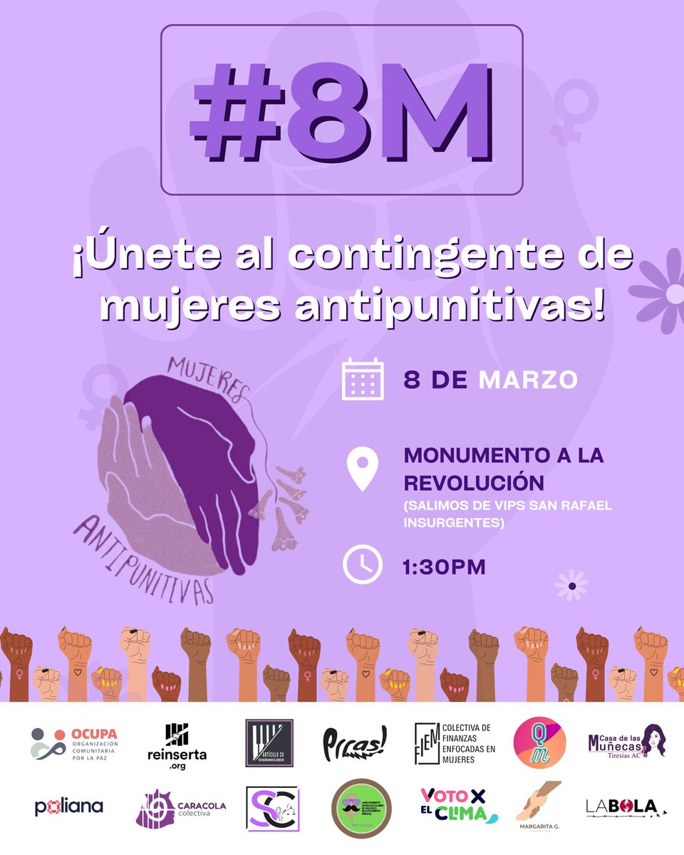 ¡Las esperamos hoy a la 1:30! 💜💚🤍🏳️‍🌈🏳️‍⚧️

Este #8M salimos a marchar porque creemos que la justicia social debe ser prioridad, ya que el sistema punitivo fortalece al patriarcal.

¡Necesitamos construir otro mundo posible!

📅 #8M 
📍Monumento a la Revolución.
⏰ 1:30pm