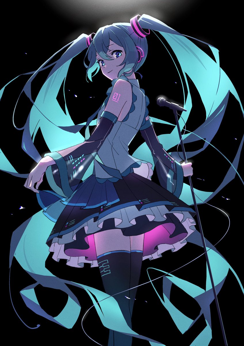 hatsune miku 1girl solo twintails long hair skirt microphone detached sleeves  illustration images