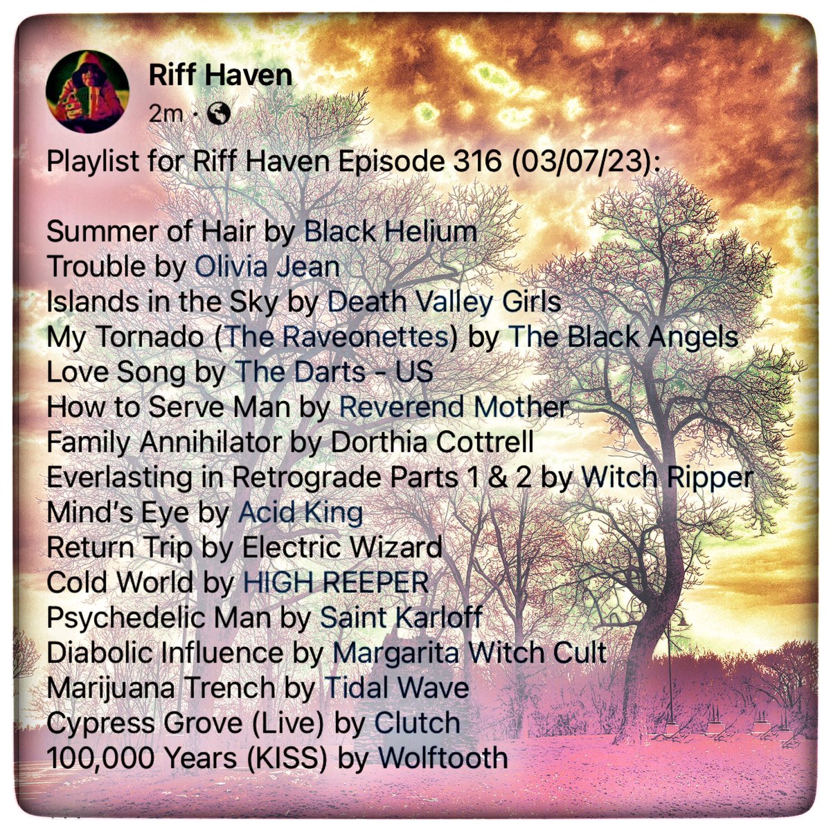 RiffHaven's tweet photo. #RiffHaven #RadioBoise #BlackHelium #OliviaJean #DeathValleyGirls #TheBlackAngels #TheDarts #ReverendMother #DorthiaCottrell #WitchRipper #AcidKing #ElectricWizard #HighReeper #SaintKarloff #MargaritaWitchCult #TidalWave #Clutch #Wolftooth https://t.co/oKaNEUkIPP